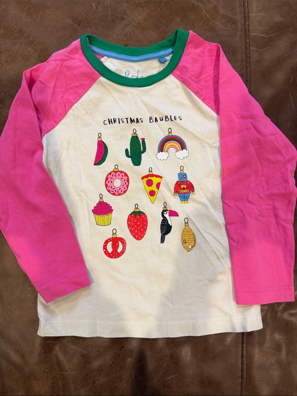 Mini Boden Pink & White 'Christmas Baubles' Long-Sleeve Raglan Top